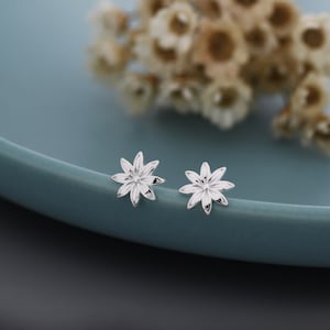 May include: A pair of silver flower-shaped stud earrings. The earrings are small and delicate, with a simple design.