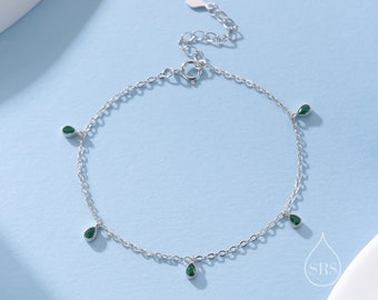 Emerald Green CZ Droplet Bracelet in Sterling Silver, Silver or Gold, Silver Blue CZ Pear Cut Bezel Bracelet, CZ Cluster Bracelet