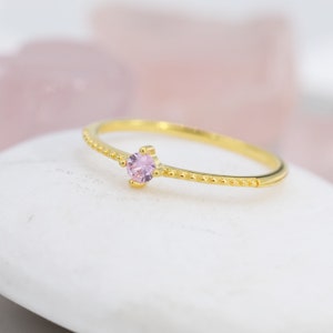 Tourmaline Pink CZ Ring in Sterling Silver, Silver or Gold, Delicate Stacking Ring, Pink CZ Skinny Band, Size US 6 8, October Birthstone image 3