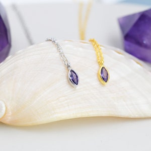 Extra Tiny Amethyst Purple Marquise CZ Necklace in Sterling Silver, Silver or Gold, Single Marquise Necklace image 1