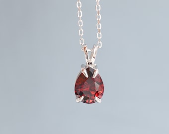 Garnet Red Pear Cut CZ Necklace in Sterling Silver, 7 x 9mm, Dark Red Droplet necklace, Diamond CZ, January Birthstone