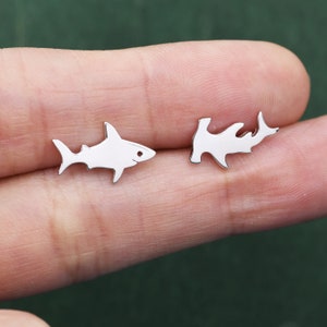 Mismatched Shark Stud Earrings in Sterling Silver, Silver or Gold or Rose Gold, Asymetric Shark and Hammerhead shark Earrings