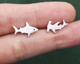 Mismatched Shark Stud Earrings in Sterling Silver, Silver or Gold or Rose Gold, Asymetric Shark and Hammerhead shark Earrings