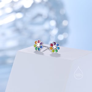 Enamel Smiling Flower Stud Earrings in Sterling Silver, Silver Rainbow Flower Earrings, Multi Colour Flower Stud in Sterling Silver zdjęcie 3