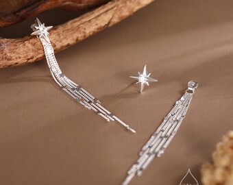 thumbnail image 2 of Starburst CZ Snowflake Dangle Drop Earrings For Women Sensitive Ear 925 Sterling Silver Stud Post Fashion Dainty Lucky Star Dangling Hanging Jewelry Hypoallergenic Gifts Bff Xmas(Big Silver 2 of 10