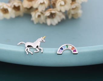 Asymmetric Unicorn and Rainbow Stud Earrings in Sterling Silver, Mismatched Rainbow and Unicorn Earrings, Unicorn Horse Earrings