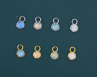 Opal Charms for Huggie Hoops, Sterling Silver Round Circle Opal Charms for Earrings, Detachable, Silver or Gold