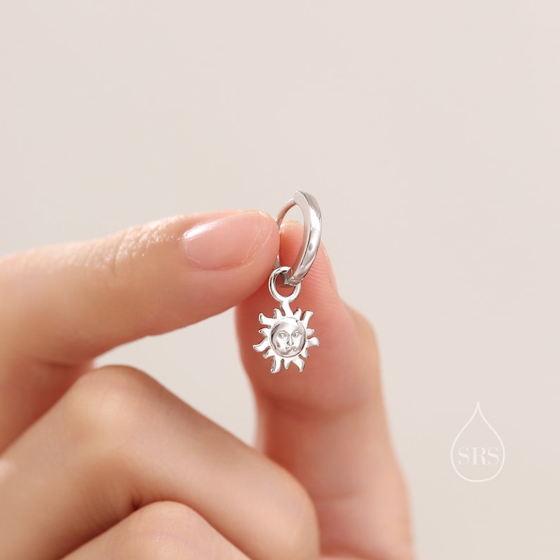 Dangling Sun and Moon with Face Hoop in Sterling Silver, Mismatched Pair, Silver or Gold, Sun Face Earrings, Detachable and Interchangeable image 2