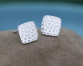 Hammered Square Stud Earrings in Sterling Silver, Silver or Gold or Rose Gold, Square Earrings, Fun and Quirky Jewellery