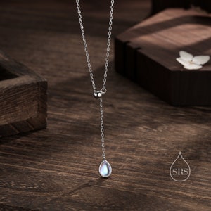 Delicate Moonstone Droplet Lariat Pendant Necklace in Sterling Silver, Silver or Gold, Minimalist Pear Shape Moonstone Adjustable Necklace