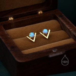 Sterling Silver Blue Opal Chevron Stud Earrings, V shape Opal Earrings, Geometric Opal Earrings, Lab Opal Studs image 3