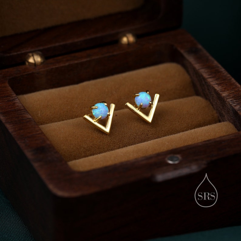 Sterling Silver Blue Opal Chevron Stud Earrings, V shape Opal Earrings, Geometric Opal Earrings, Lab Opal Studs image 3