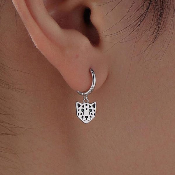 Leopard Face Huggie Hoop Earrings in Sterling Silver, Leopard Earrings, Leopard Dangle Hoops, Fish Hoops, Animal Earring