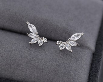 CZ Cluster Stud Earrings in Sterling Silver, Silver or Gold,  Dainty Marquise Crystal Earrings, Bridesmaid's Jewellery