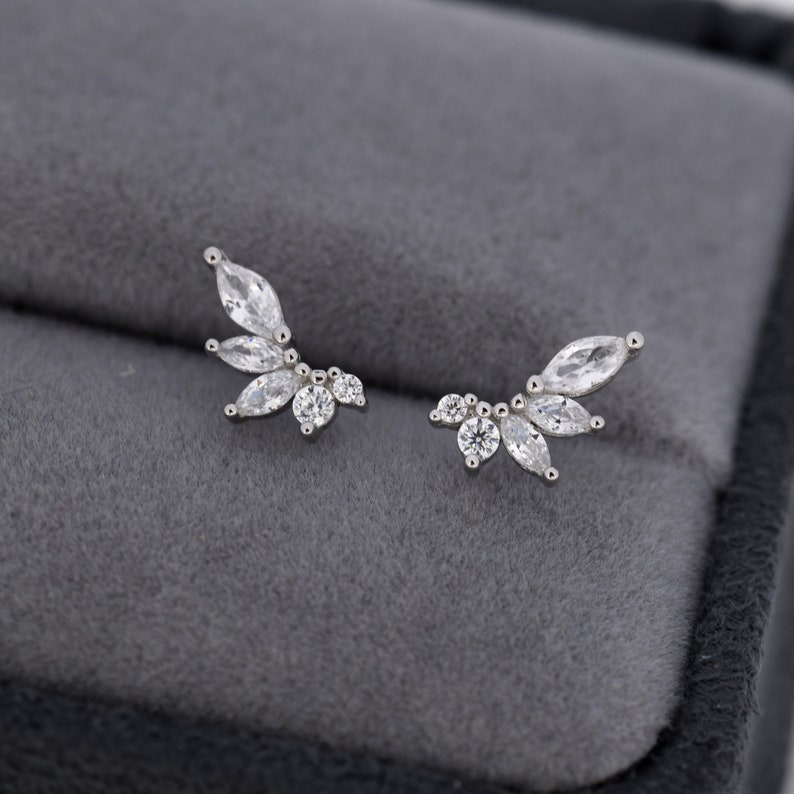 CZ Cluster Stud Earrings in Sterling Silver, Silver or Gold, Dainty Marquise Crystal Earrings, Bridesmaid's Jewellery image 1