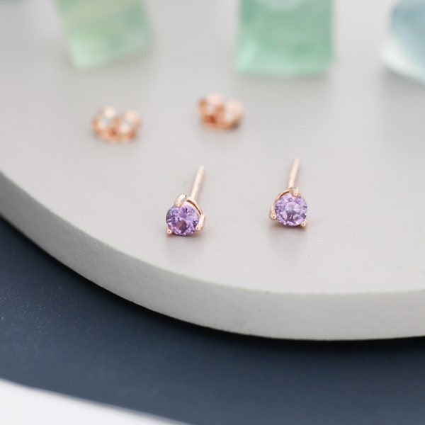 Amethyst Purple Crystal Stud Earrings in Sterling Silver, 3mm Three Prong, Gold or Silver or Rose Gold, Tiny Stud