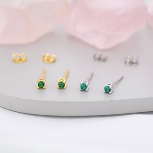 Extra Tiny Sterling Silver Emerald Green CZ Stud Earrings,  2mm May Birthstone CZ Earrings, Silver or Gold, Stacking Earrings