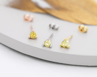 Sterling Silver Citrine Yellow Stud Earrings,  3mm November Birthstone CZ Earrings, Three Prong, Silver, Gold or Rose Gold, Stacking Earring