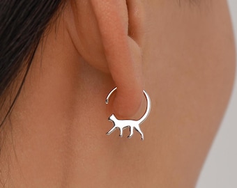 Tiny Cat Hoop Earrings in Sterling Silver, Silver or Gold, Minimalist Cat Silhouette Earrings, Simple Cat Earrings