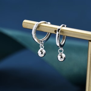 Dangle Ball Hoop Earrings in Sterling Silver,  Dangle Hoop Earrings, Silver, Gold or Rose Gold， Silver Ball Huggie Hoops
