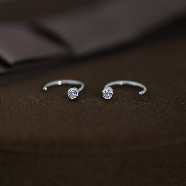 2mm Diamond CZ Huggie Hoop Earrings in Sterling Silver, Silver, or Gold, Half Hoop, Open Hoop, Pull Through, Dainty Earrings image 2