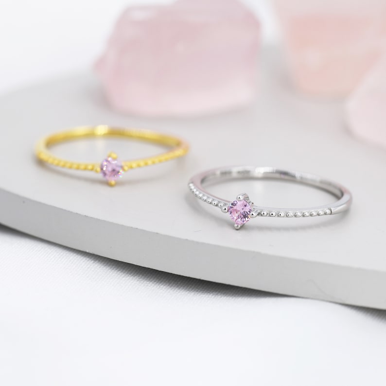 Tourmaline Pink CZ Ring in Sterling Silver, Silver or Gold, Delicate Stacking Ring, Pink CZ Skinny Band, Size US 6 8, October Birthstone image 1