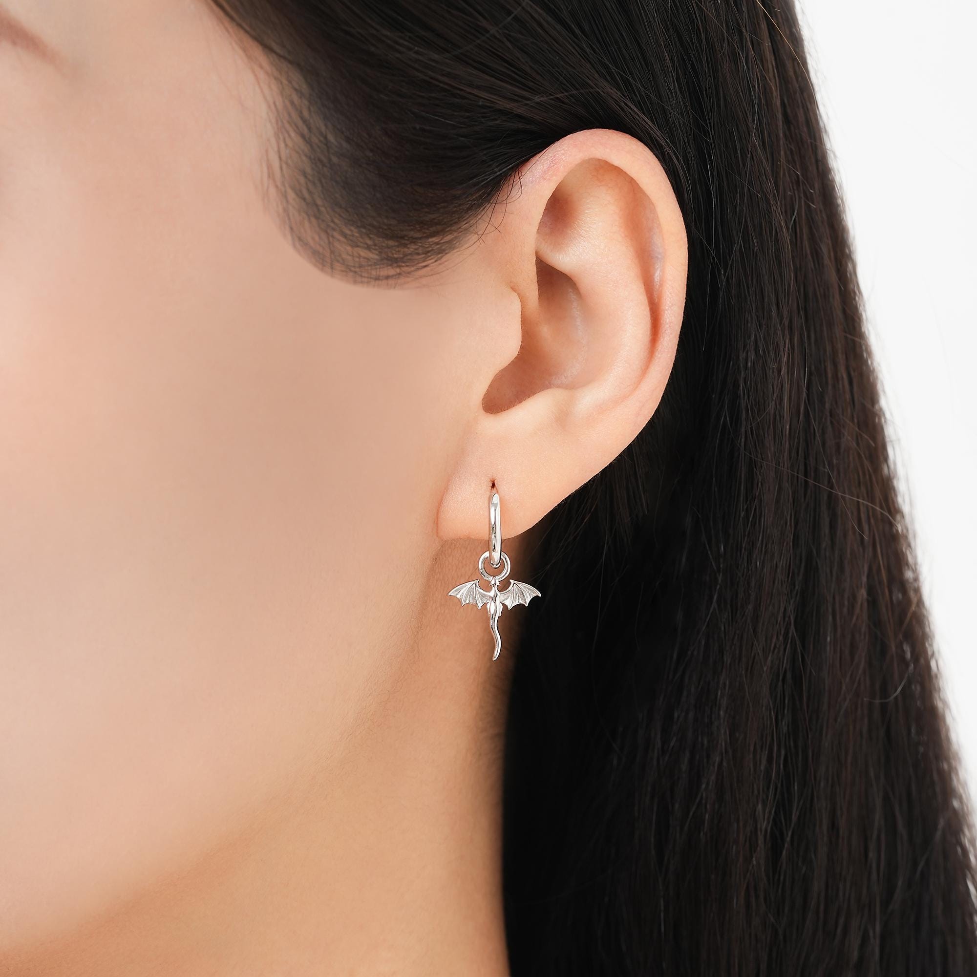 Tiny Dragon Huggie Hoop in Sterling Silver, Silver or Gold or Rose Gold, Dagon Dangle Hoop Earrings, Detachable and Interchangeable