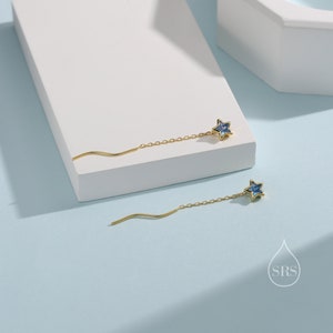 Aquamarine Blue Star Bezel CZ Crystal Threader Earrings in Sterling Silver, Silver or Gold, Minimalist Star Cut Ear Threaders image 6