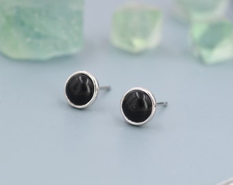 Genuine Black Onyx Stud Earrings in Sterling Silver, 4mm or 6mm, Cabochon Bezel Stud Earrings