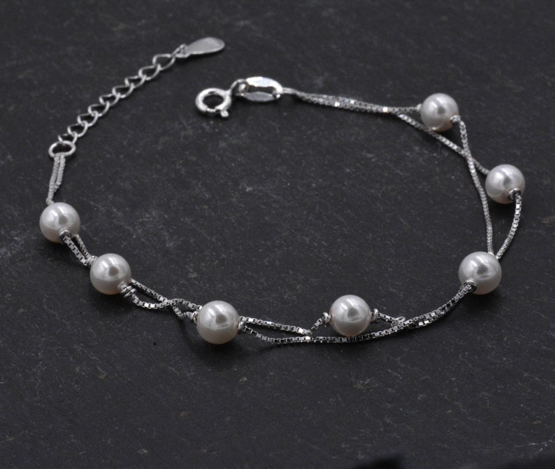 Sterling Silver Beautiful Pearl Minimalist Charm Layer Bracelet Adjustable Length Simple and Elegant Jewellery B58 image 7