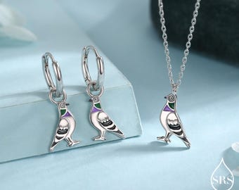 Pigeon Charm Hoops and Pendant Necklace in Sterling Silver, Rhodium Coated Cute Pigeon Necklace and Earrings, Nature Inspired