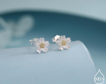 Sterling Silver Dainty Little Cherry Blossom Flower Floral Stud Earrings, Sand Blasted Textured Finish, Cute and Sweet Design