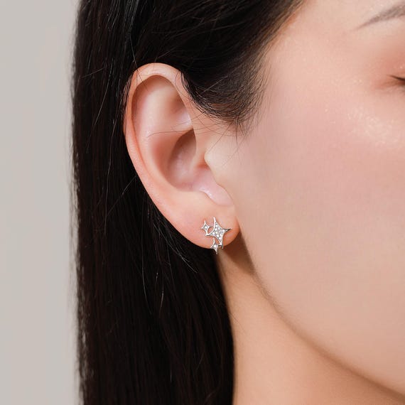 Sparkly Stars CZ Stud Earrings in Sterling Silver, Four