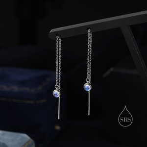 May include: A pair of silver dangle earrings with a small round iridescent blue gemstone at the bottom of each earring.