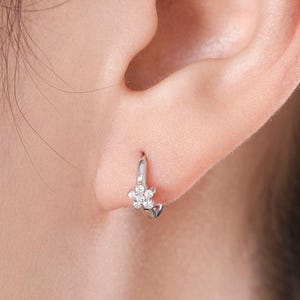Tiny CZ Flower Huggie Hoops, CZ Hoop Earrings, Crystal Flower Huggie Earrings