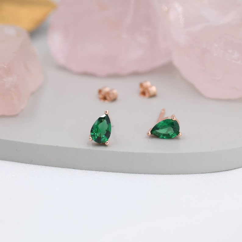 Sterling Silver Emerald Green Droplet Stud Earrings, Pear Cut Emerald Earrings, May Birthstone CZ Earrings, Silver, Gold or Rose Gold image 7