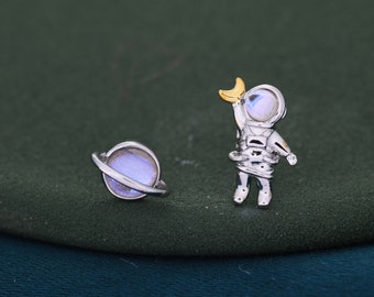 Mismatched Astronaut and Planet  Stud Earrings in Sterling Silver, Asymmetric Planet and Spaceman Earrings with Moonstone, Cute and Fun