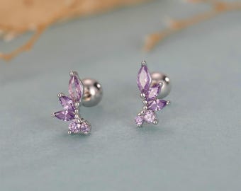 Sterling Silver Purple Marquise CZ Cluster 18G Screw Back Earrings with Ball Backs
