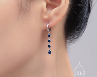 Sapphire Blue CZ Dangle Chain Huggie Hoop Earrings in Sterling Silver, Silver or Gold, CZ Drop Hoops,  Geometric Hoop Earrings