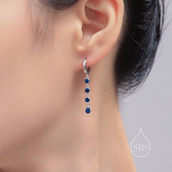 Sapphire Blue CZ Dangle Chain Huggie Hoop Earrings in Sterling Silver, Silver or Gold, CZ Drop Hoops,  Geometric Hoop Earrings