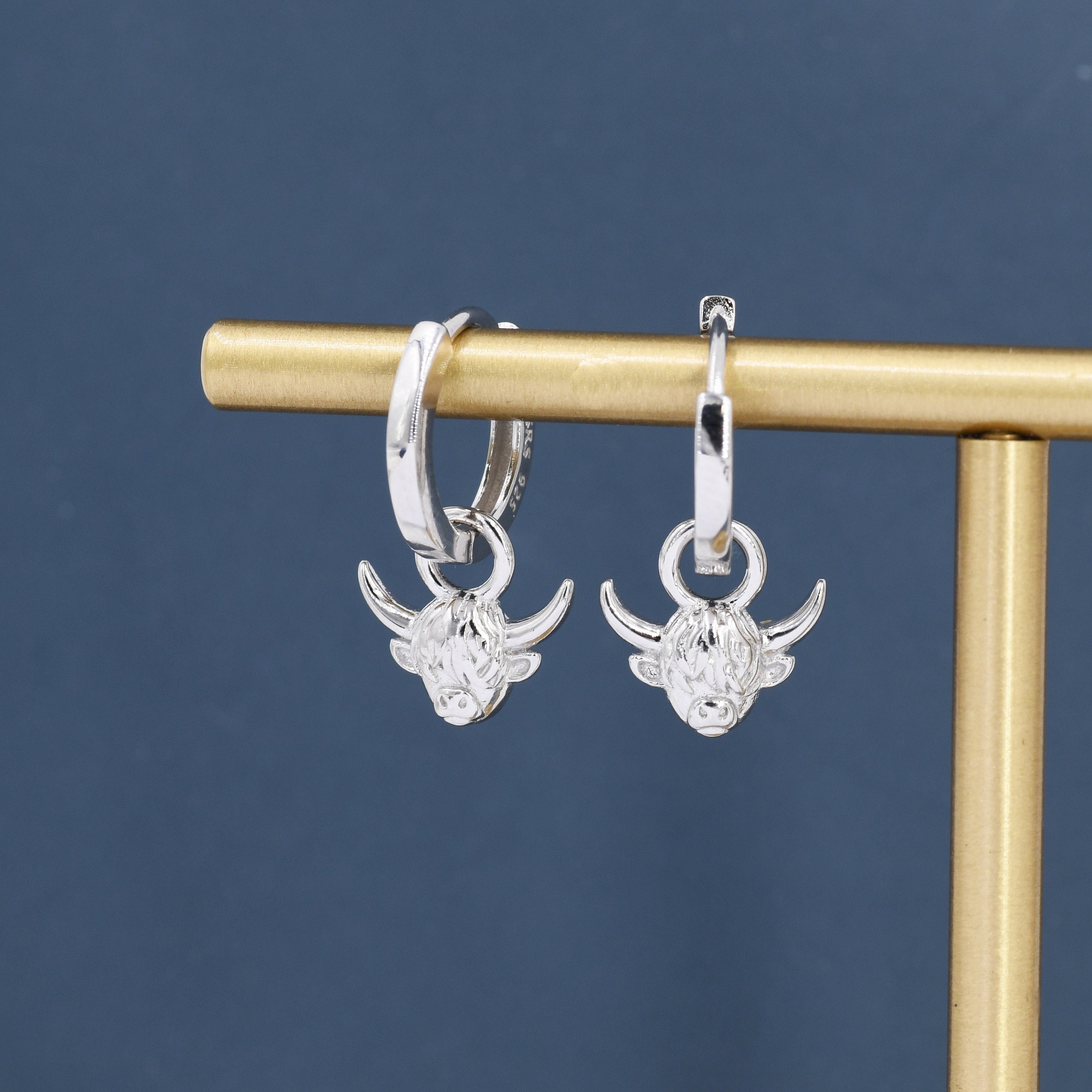 Dangling Highland Cow Huggie Hoops in Sterling Silver, Silver or Gold or Rose Gold, Highland Cow Earrings, Detachable and Interchangeable