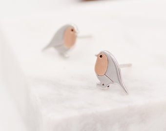 Robin Stud Earrings in Sterling Silver, Silver Bird Earrings, Silver and Rose Gold, Nature Inspired