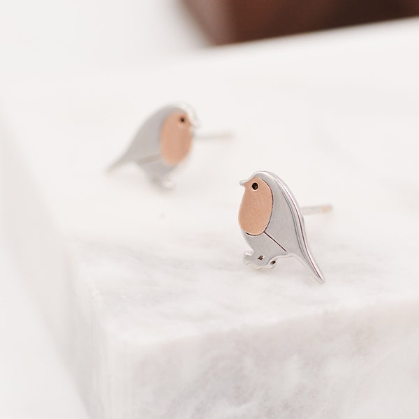 Robin Stud Earrings in Sterling Silver, Silver Bird Earrings, Silver and Rose Gold, Nature Inspired