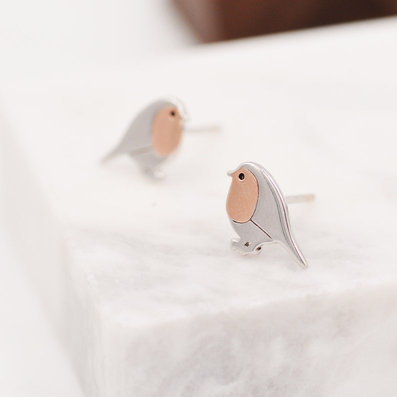 Robin Stud Earrings in Sterling Silver, Silver Bird Earrings, Silver and Rose Gold, Nature Inspired zdjęcie 1