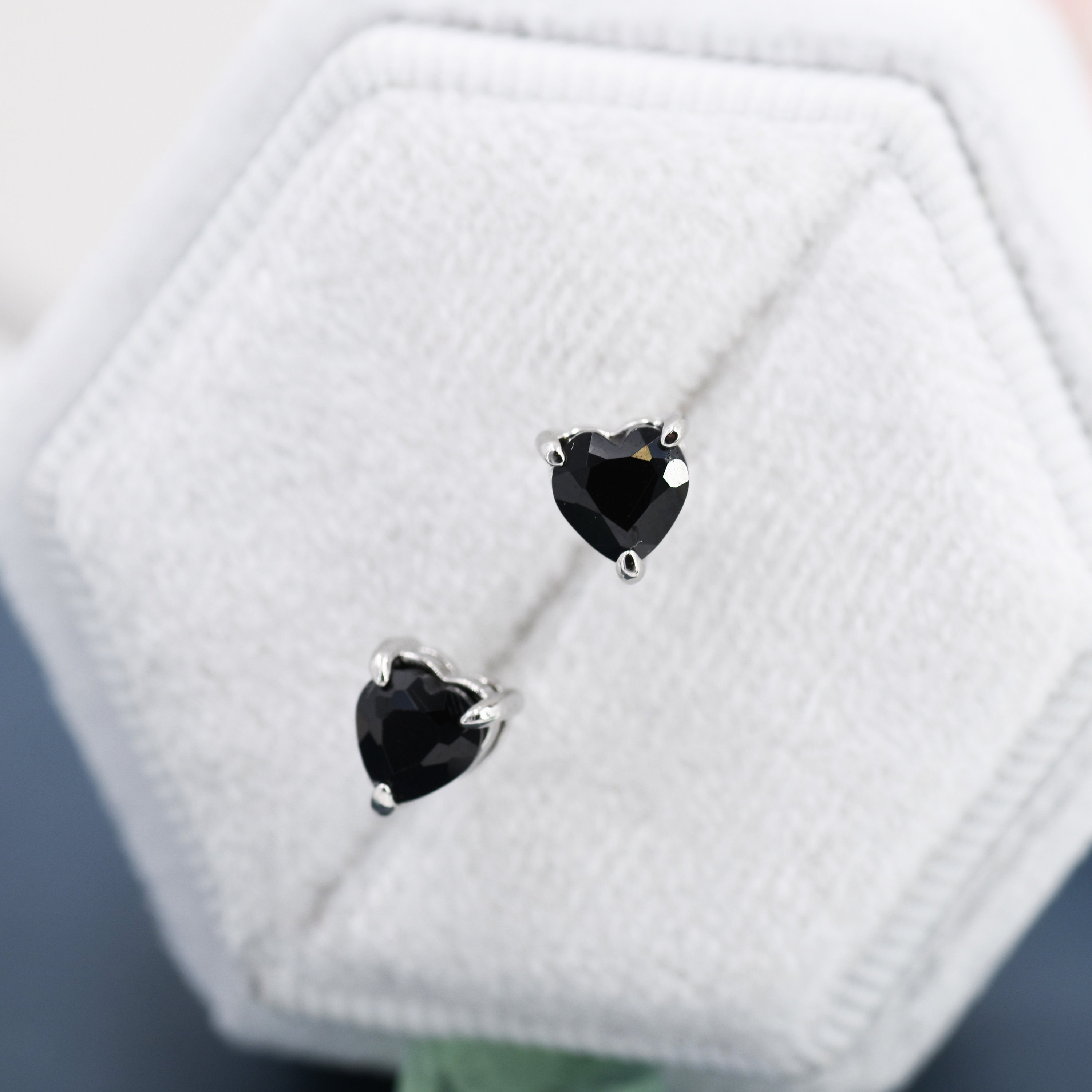 Genuine Black Onyx Crystal Heart Stud Earrings in Sterling