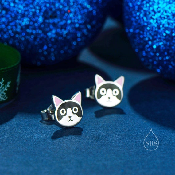 Sterling Silver Tuxedo Cat Enamel Stud Earrings Silver Cat