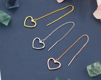 Open Heart Threader Earrings in Sterling Silver, Cutout Heart Ear Threaders, Silver, Gold or Rose Gold, Short Ear Threaders