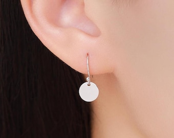 Sterling Silver Disks Drop Hook Earrings, Round Disk Geometric Earrings, Gold or Silver or Rose Gold, Dainty and Delicate