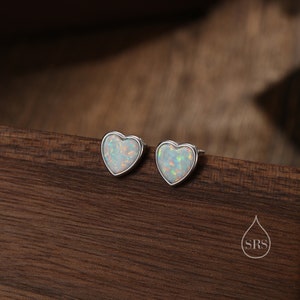 White Opal Heart Stud Earrings in Sterling Silver, Lab Opal Heart Earrings, Silver or Gold or rose gold,  Delicate Fire Opal Heart Earrings