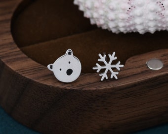 Mismatched Polar Bear and Snowflake Stud Earrings in Sterling Silver, Polar Bear and Snow Earrings, Polar Bear Earrings